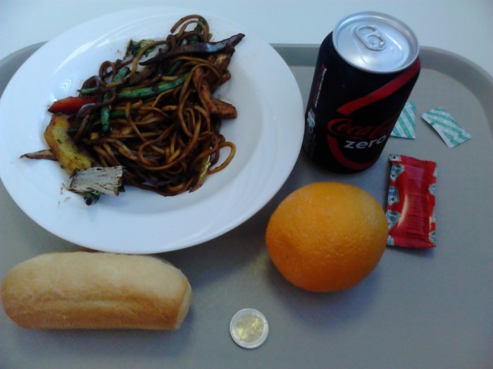 noodles chicken bread and orange